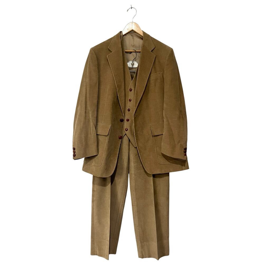 Vintage Corduroy 3 Piece Suit Mens 42 Camel Jacket Vest Pants 36x30 Western 70s